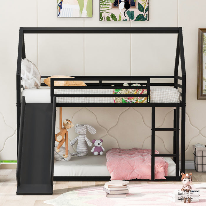 Liam House Metal Bunk Bed with Ladder and Slide, Twin Over Twin Size, Black