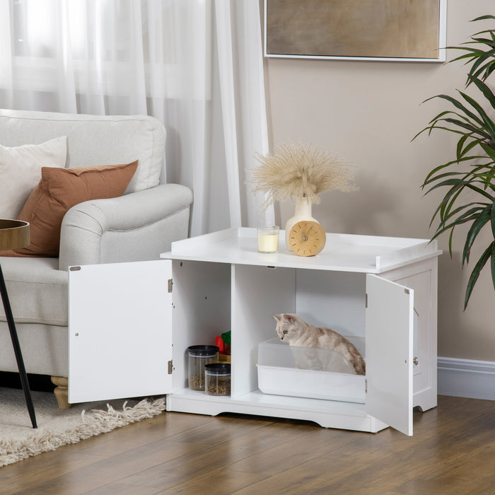 Pawhut Hidden Litter Box Enclosure Cat Furniture With Storage, Adjustable Divider, Indoor Pet House Side Table, White