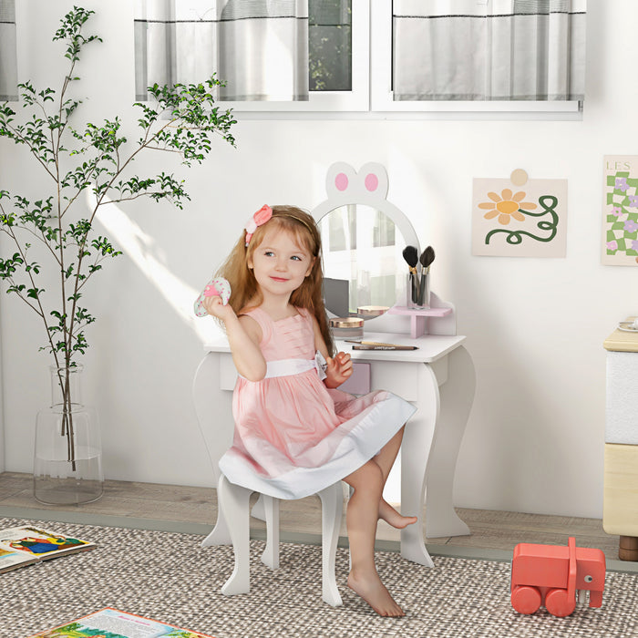 Qaba Kids Vanity Set With Mirror And Stool, Makeup Vanity Table For Children 3-6 Years Old, With Drawer Storage Boxes, Rabbit-design