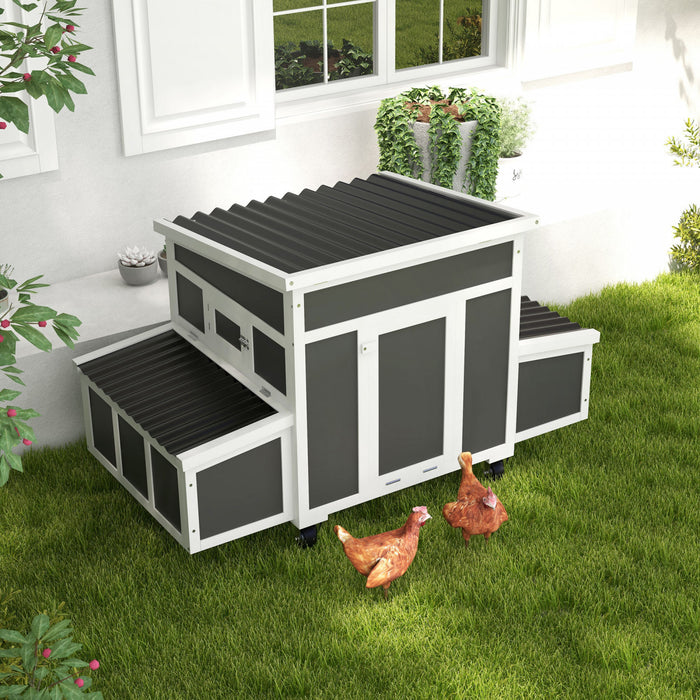 PawHut Chicken Coop, Wooden Hen House with Wheels for 6 Chickens, Outdoor Poultry Cage Rabbit Hutch Duck Coop Hen House with Nesting Box, Tray, Windows, Dark Grey