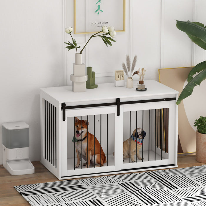 Pawhut Dog Crate Furniture, 46.5\" Dog Crate End Table Indoor Dog House For Extra Large Dogs, With Sliding Door, Lock, White
