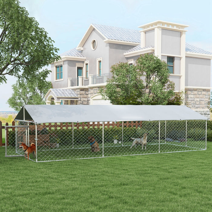 Pawhut Outdoor Dog Kennel Dog Run With Waterproof, Uv Resistant Cover For Medium And Large Sized Dogs, 19.7' X 7.5' X 4.9', Silver