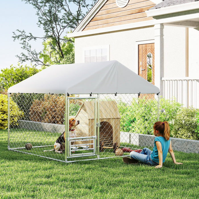 Pawhut Outdoor Dog Kennel With Roof, Heavy Duty Dog Run Outdoor Fence Cage With Adjustable & Rotating Bowls, Waterproof Uv-resistant Cover, Secure Lock, 6.6' X 6.6' X 5.1'