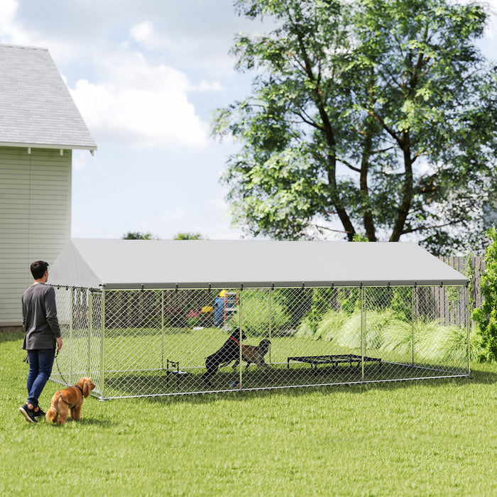 PawHut Large Dog Kennel with Roof and Safety Lockable Latches, Heavy-Duty Galvanized Steel Dog Run Chain Link w/ Waterproof UV-Resistant Cover, 19.7' x 9.8' x 7.1'
