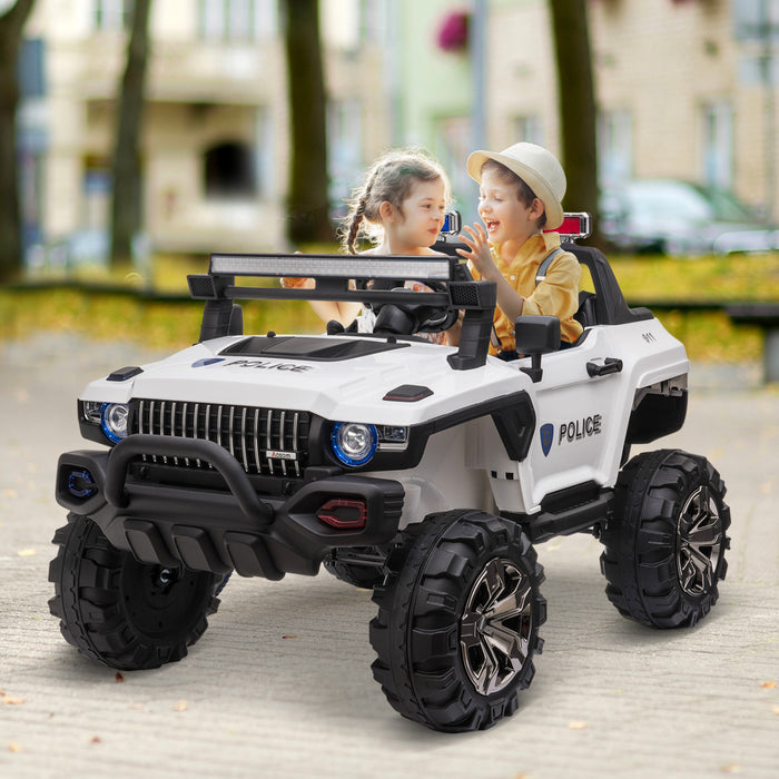 Aosom 2-seater Kids Powered Ride-On Cars, 12v Remote Control Police Truck Electric Car For Kids With Full Led Lights, Mp3 (white)