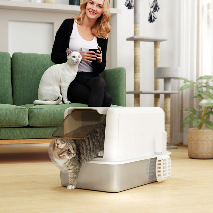 Pawhut Stainless Steel Cat Litter Box With Removable Lid, Extra Large Litter Box With Scoop, Metal Litter Box For Small To Large Cats, Easy To Clean, White