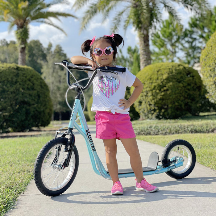 Aosom Youth Kick Scooter With Adjustable Handlebar And 16'' Inflatable Rubber Wheel For Kids And Teens 5+ Year Old, Blue