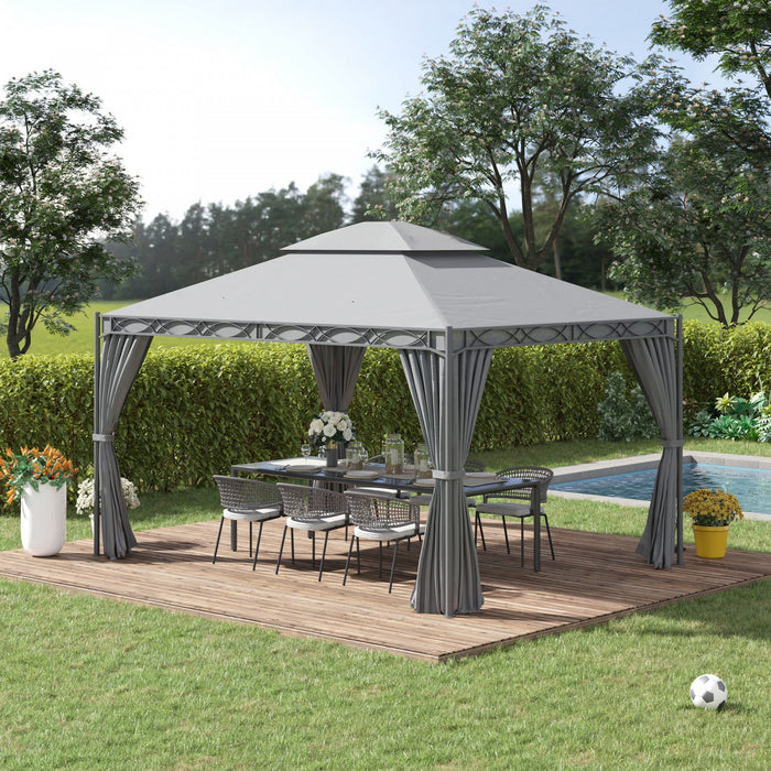 Outsunny 10x13ft Garden Gazebo Double-tiered With Curtain Outdoor Shelter Backyard Canopy Grey
