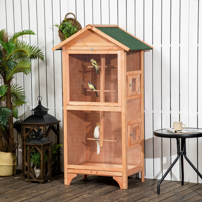 Pawhut 62.5\" H Large Wooden Bird Cage Outdoor Indoor For African Grey Small Quaker Amazon Parrot Cockatiel Sun Parakeet Green Cheek Conure Dove Lovebird Budgie Play, Orange