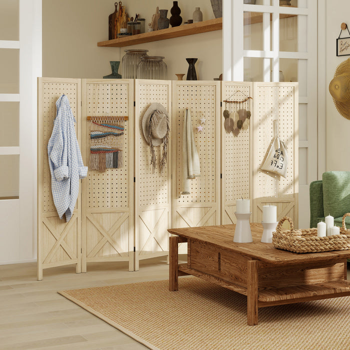 HOMCOM 4.7' 6 Panel Room Divider with Pegboard Display for Indoor, Natural