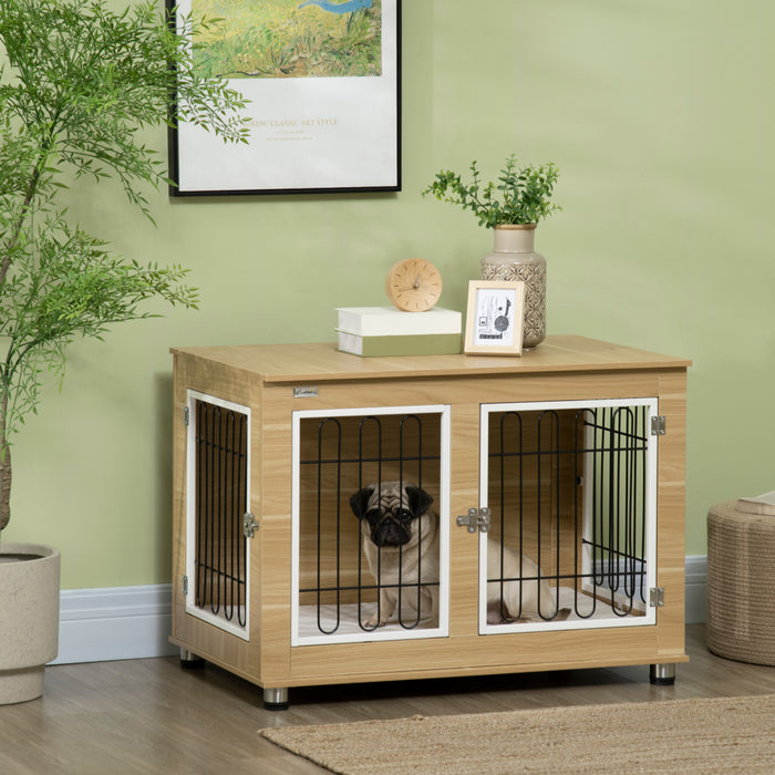 Pawhut Pet Crate End Table With Soft Cushion, Double-door Dog Crate Furniture For Medium Large Dogs, Wooden Wire Pet Kennel For Indoor Use
