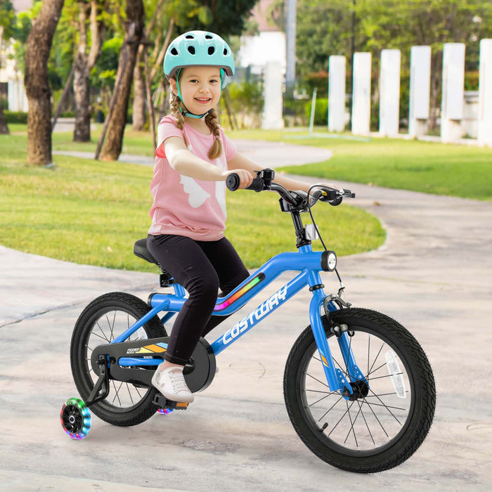 Costway 16\" Led Lighted Kids Bike With Adjustable Seat Coaster Brake Training Wheels Blue
