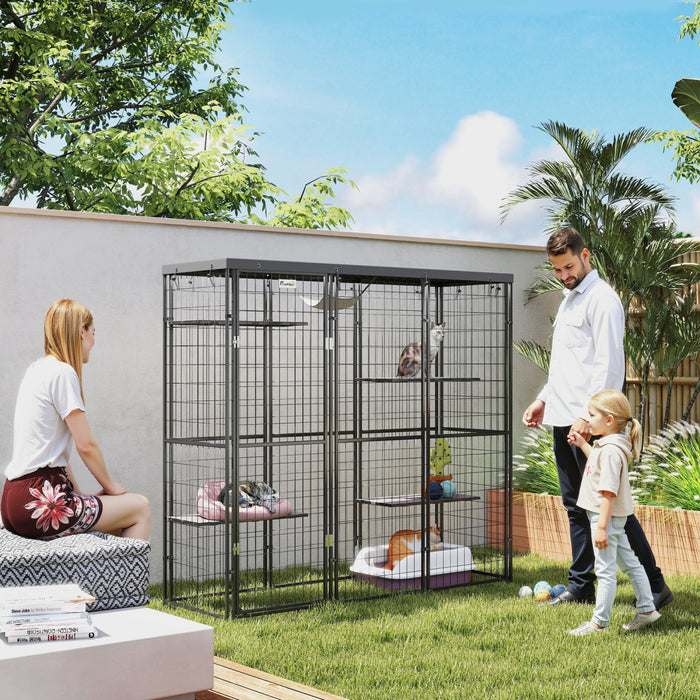 Pawhut Catio Outdoor Cat Enclosure, Weld Wire Outdoor Cat House With Waterproof Cover, 4 Jumping Platforms, Hammock, Cat Cage Indoor For 1-3 Kittens, 69\" X 22\" X 62\", Black