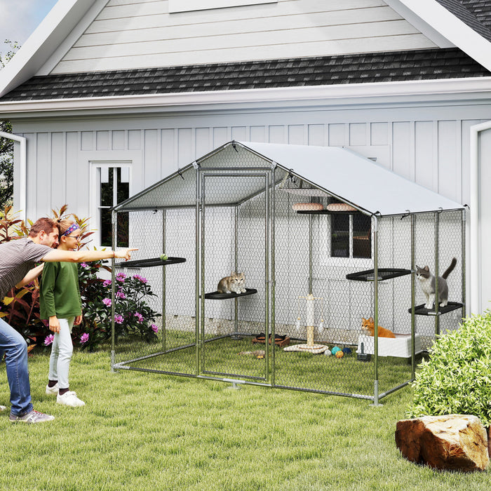 PawHut Large Catio Outdoor Cat Enclosure, Galvanized Steel Walk-in Kitty Cage for Multiple Kittens, with Waterproof Cover, 5 Adjustable Platforms, Hammock, 94.5\" W x 76\" D x 77\" H