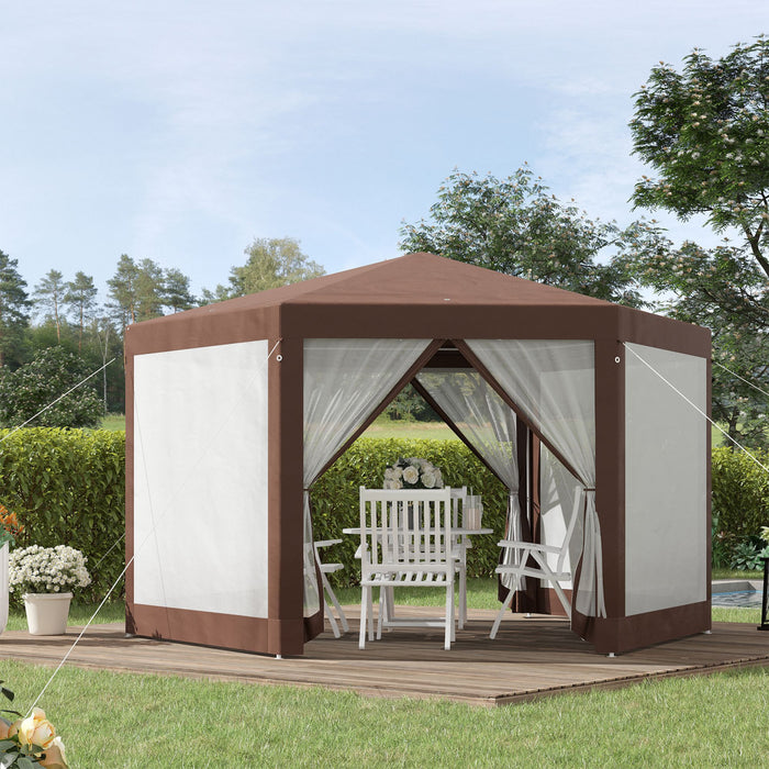 Outsunny 13' X 11' Hexagonal Party Tent With Nettings Brown
