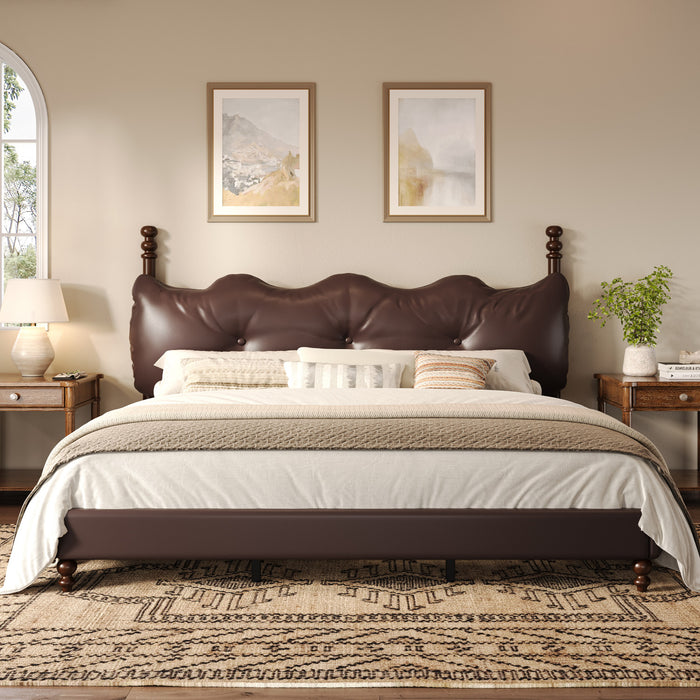 Emma Faux Leather Platform Bed Frame with Headboard,Queen Size,Dark Brown Queen Bed