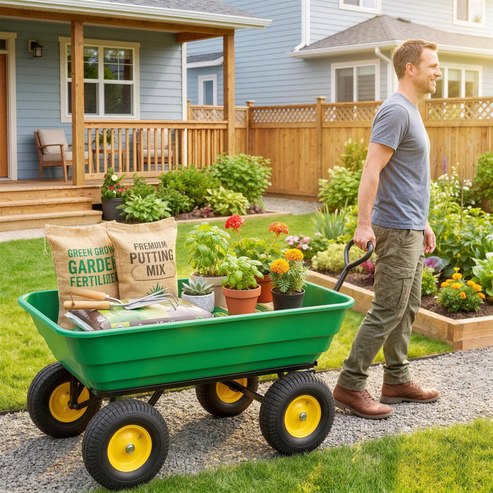 Outsunny Garden Dump Cart Heavy Duty 440lbs Wagon with Steel Frame and 12\" Pneumatic Tires, Green