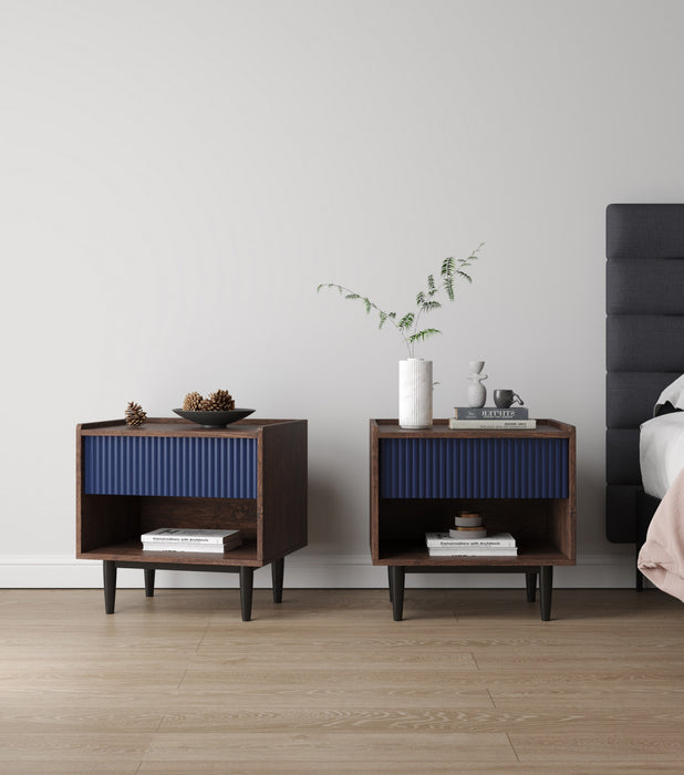 Duane Mid-Century Modern 20\" Fluted Nightstand in Navy Blue (1-Drawer) - Set of 2