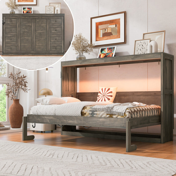 Olivia Solid Wood Murphy Bed with LED Light and Foldable Cabinet,Twin Size,Brown Twin Bed