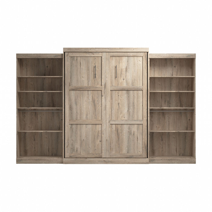 Bestar Pur Queen Murphy Bed with Two Shelving Units 136-Inch Wall Bed - Rustic Brown
