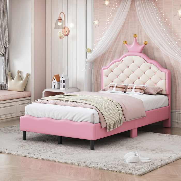 Lily Lovely Crown Fantasy Princess Bed with Tufted PU Leather Headboard,Twin Size Twin Bed