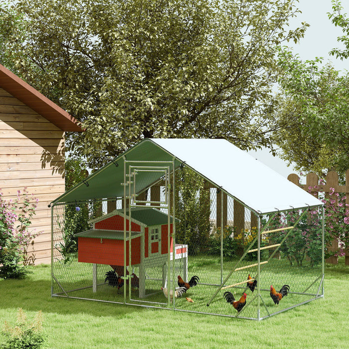Pawhut Chicken Run, Large Metal Chicken Coop With Feeding Door, Waterproof & Uv-resistant Cover, Hanging Feeder, Perch, Poultry Cage For Outdoor, Backyard, Farm, For 6-8 Poultry