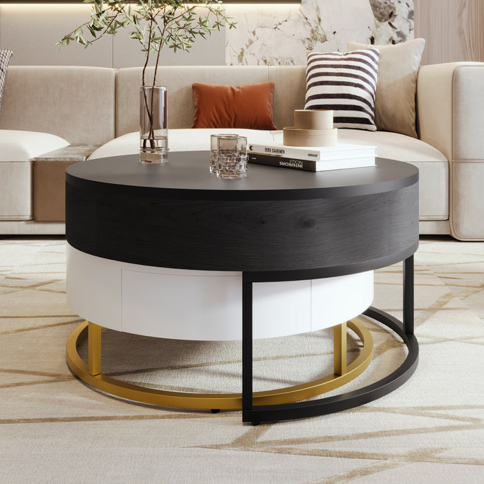 Sherry 31.5\" Round Engineered Wood Lift-top Nesting Coffee Table With Drawers, Black