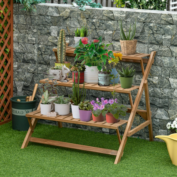 Outsunny 3-tier Ladder Plant Stand Foldable Wood Flower Display Shelf For Indoor Outdoor Home Garden, Brown