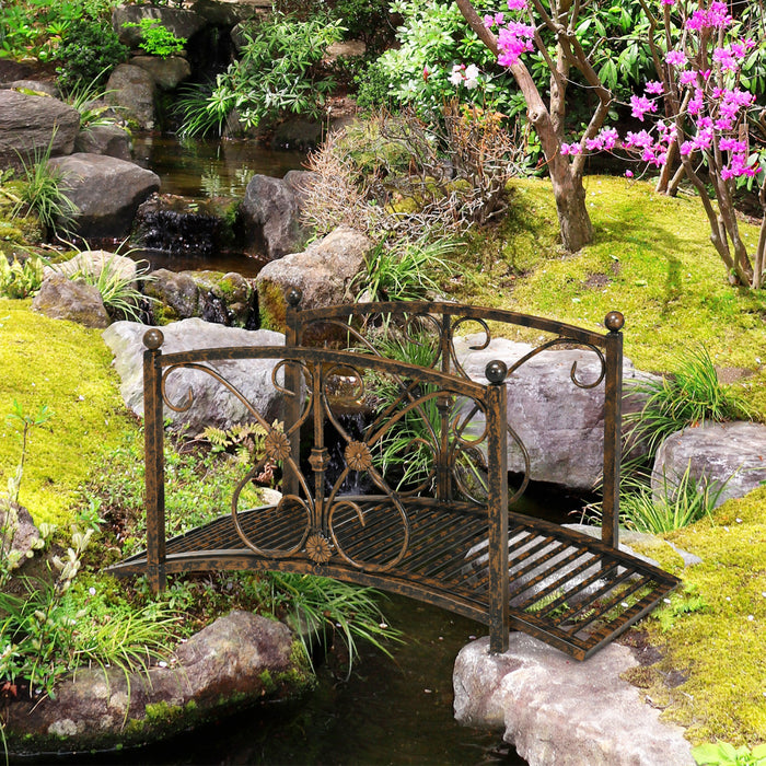 Outsunny Garden Bridge 3.3', Floral Pond Bridge With Safety Railings Brown