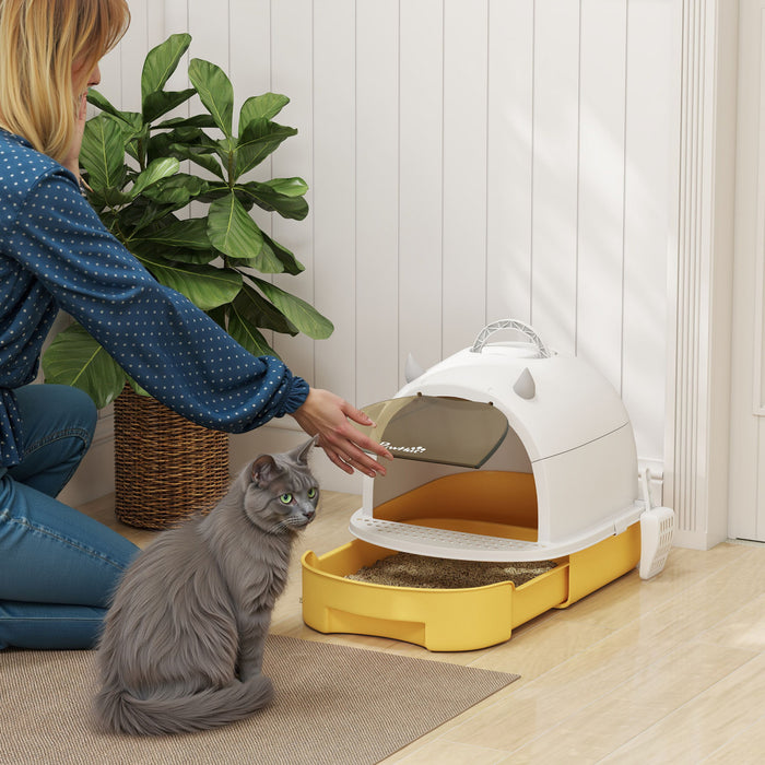 PawHut Cat Litter Box with Lid, Drawer Style Enclosed Kitty Litter Box with Front Door Flap, Scoop, Handle, Easy Clean, Cat Litter Tray for Small and Medium Cats, Yellow