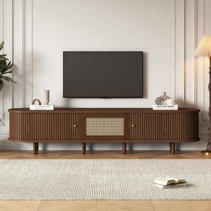Lucas TV Stand Media Console with Rattan Drawer and Sliding Doors,Dark Oak