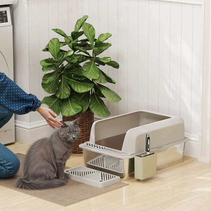 Pawhut Stainless Steel Cat Litter Box, 24\" X 16\" X 11\" Cat Litter Box High Sided Wall, Metal Litter Box With Metal Scoop & Holder, Non-sticky, Easy To Clean, Anti-urine Leakage