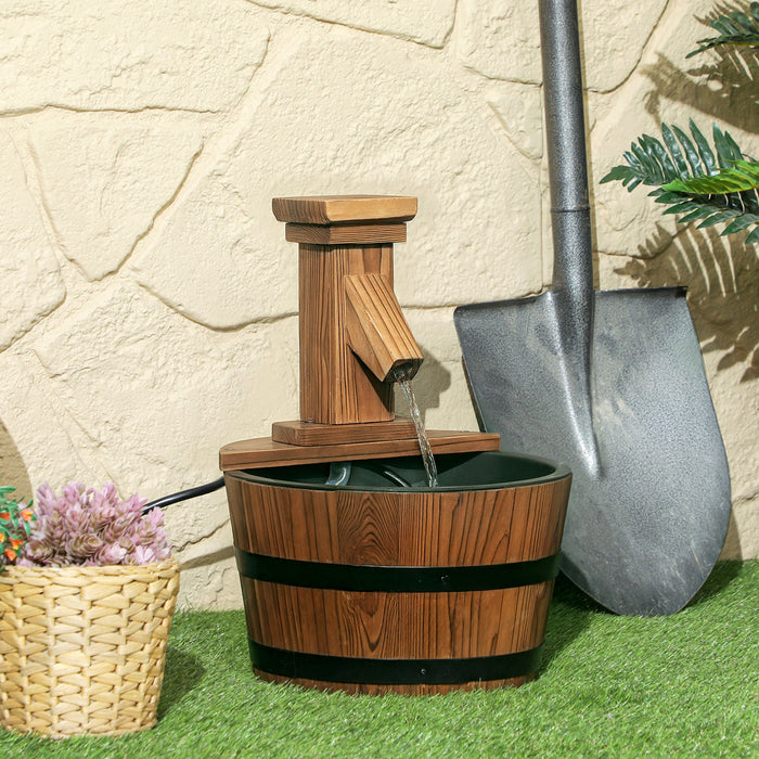 Outsunny Outdoor Waterfall Fountain, Garden Wood Barrel, Carbonized
