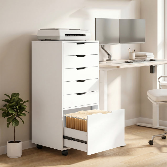 HOMCOM 6 Drawer Vertical File Cabinet with Lockable Wheels, White