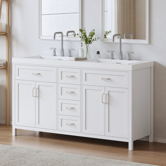 Dune 59 Inch Double Sink Bathroom Vanity with Resin Sinks and 4 Drawers, White