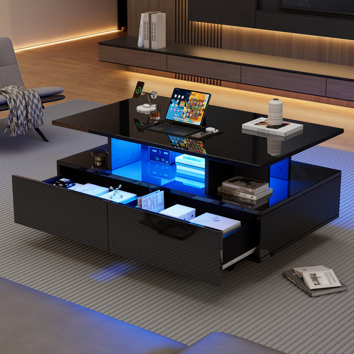 Lucas LED Coffee Table with Storage Drawers and Open Shelves,Black