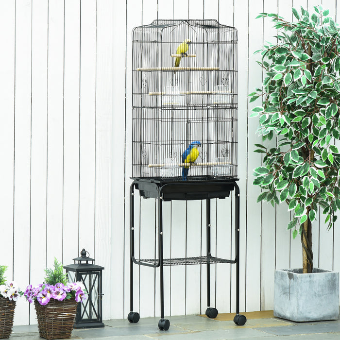 Pawhut 62\" Bird Cage Budgie Cage With Wheels, Detachable Stand, Storage, Black