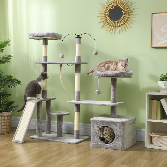 Pawhut 53\" Cat Tree, Multi-level Cat Tower For Indoor Cats With Sisal Scratching Posts, Cat Condo, Beds, Platforms, Ramp, Toy Balls, Cat Activity Center, Light Grey