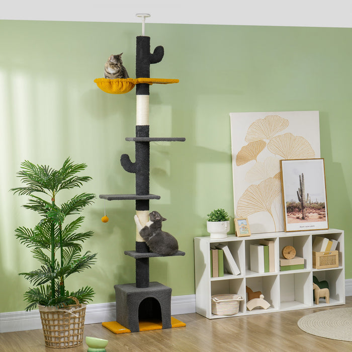 Pawhut Floor To Ceiling Cat Tree, Cat Tower With 90.5\"-108\" Adjustable Height, 5 Tier Activity Centre With Scratching Posts, Hammock, Condo, Toy Ball For Indoor Cats, Dark Grey