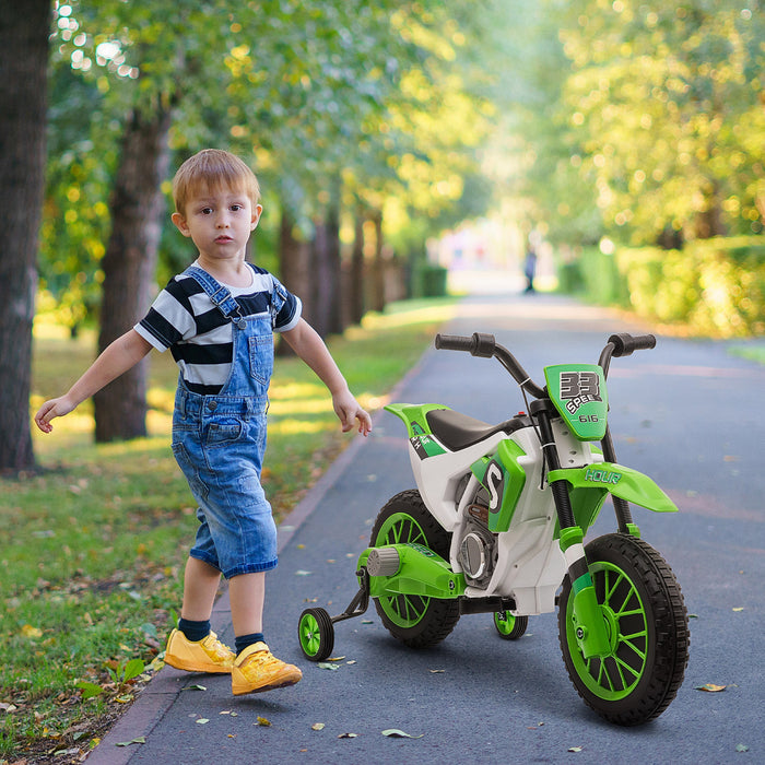 Aosom Kids Dirt Bike Battery Powered Ride-On Electric Motorcycle With Charging 12v Battery, Training Wheels Green