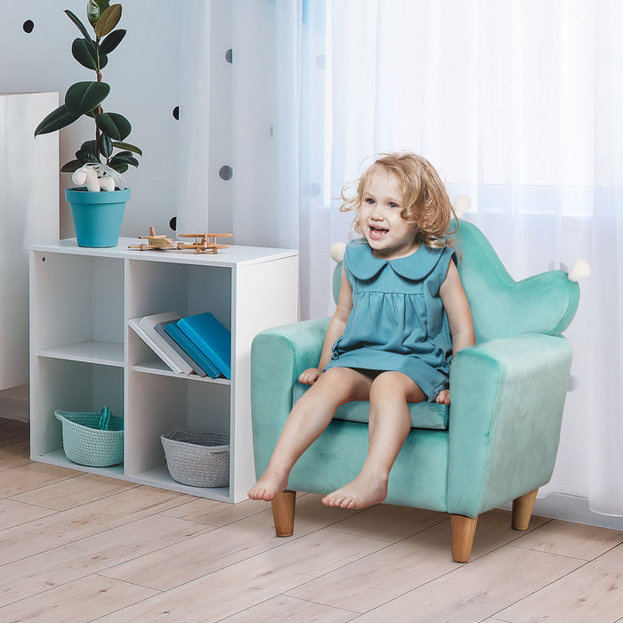 Qaba Kids Sofa, Armrest Chair For Preschool, Toddler Couch For Kids Room, Kindergarten, Dutch Velvet, Eucalyptus Wood, Light Blue