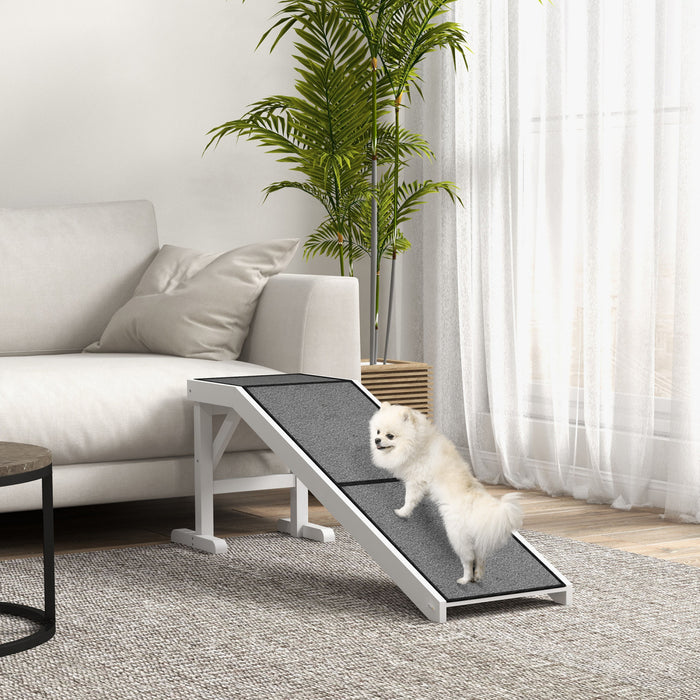 Pawhut Pet Ramp Bed Steps For Dogs Cats Non-slip Carpet Top Platform Pine Wood 59\"l X 16\"w X 20\"h White Grey