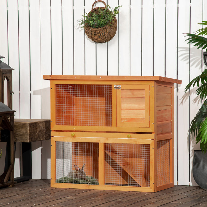 Pawhut Wooden Rabbit Hutch, 2-level Bunny Cage Small Animal House With Run, Tray For Outdoor, Backyard, Farm, Orange