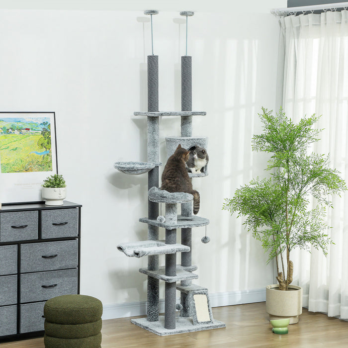 Pawhut Cat Tower For Large Cats Floor To Ceiling Cat Tree For Indoor Cats Adjustable Height 89\" -100\" Multi Levels Cat Climbing Tower With Scratching Posts, Cozy Condo, Ramp