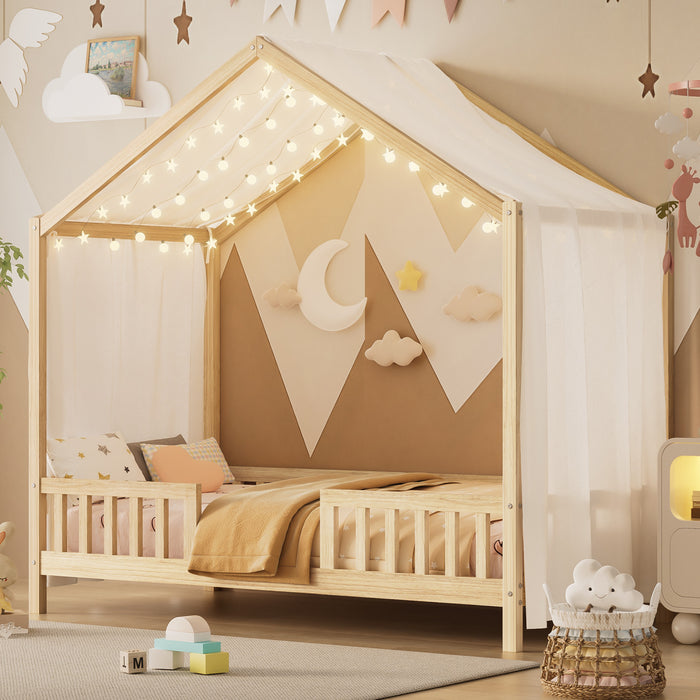 Paul Montessori Floor Bed with Canopy and High Railings,Twin Size，Natural Twin Bed