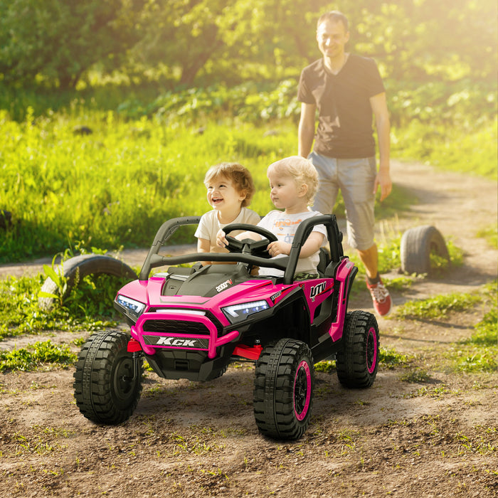 Qaba 24v 7ah Ride On Truck, 2 Seater 4wd Battery Powered Ride-On Electric Car For Kids With 4 Spring Suspension Wheels, Remote Control, 3 Speed, Led Lights, Mp3 Player, Horn, Music, Pink