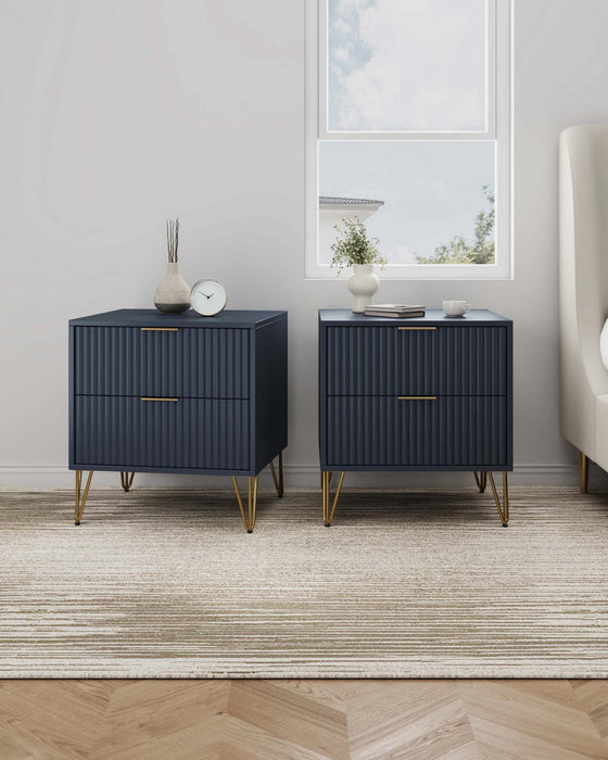 Dumbo Modern 20\" Fluted Nightstand in Midnight Blue (2-Drawer) - Set of 2