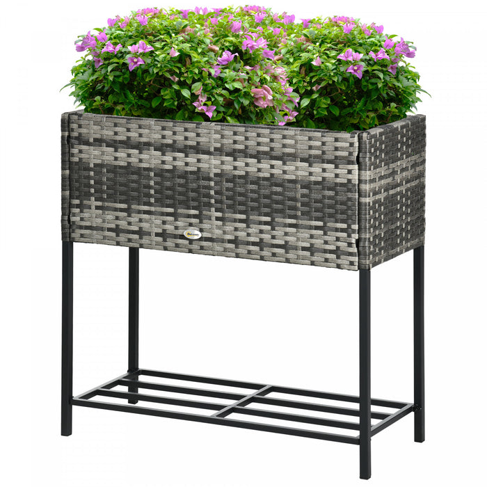Outsunny Elevated Rattan Raised Garden Bed with Tool Storage Shelf