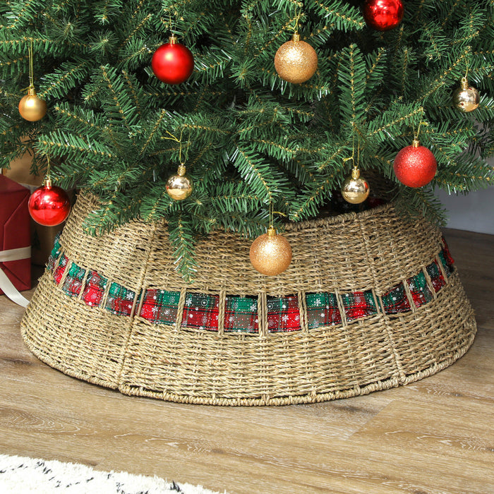 HOMCOM 28 inch Rustic Christmas Tree Collar, Rattan Tree Base Cover Natural