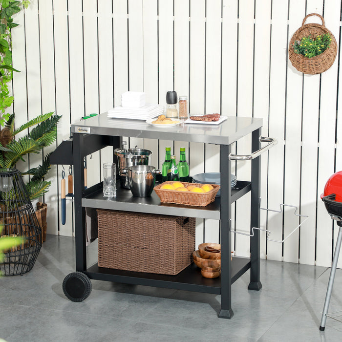 Outsunny 3 Shelf Outdoor Grill Cart with Stainless Steel Tabletop, Side Handle, 32\" x 20.5\" Multifunctional Pizza Oven Stand, Movable Food Prep Table on Wheels, Black